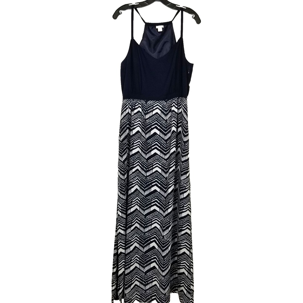 J.Crew Blue White Geometric Print Halter Maxi Dress Sz 14 Side Slit Boho Summer